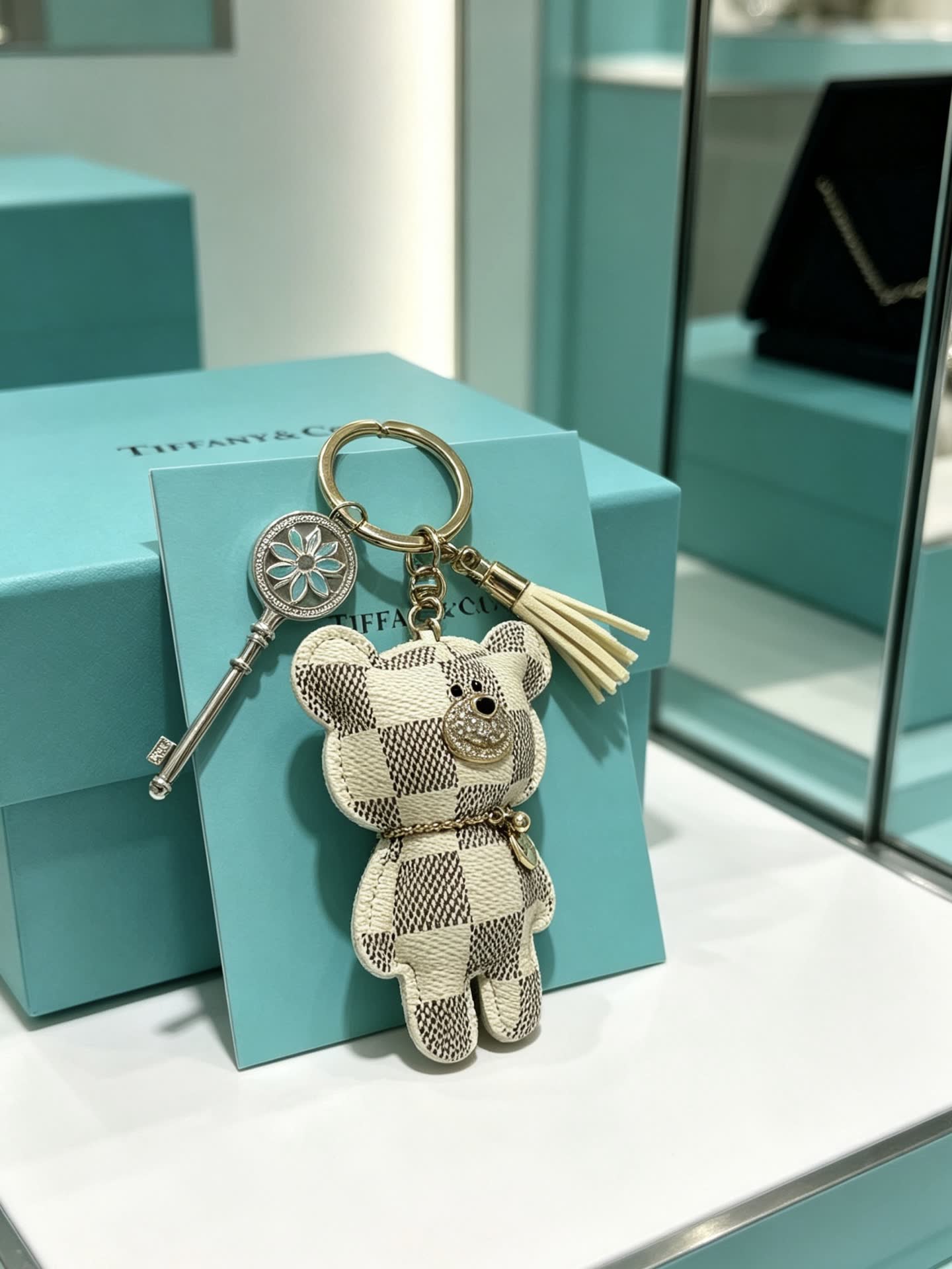 Tiffany & Co. Bear Keychain with Silver Key and Tassel